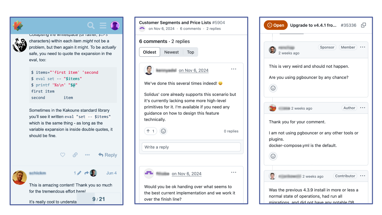Side by side, comments on a Discourse thread, comments on a GitHub discussion, and comments on a GitHub issue, showcasing the user interface of each document.